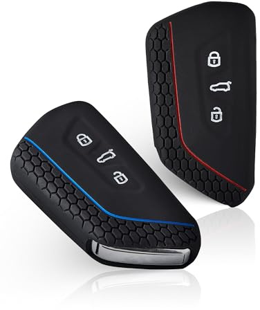 NETONDA 2 Stk 3 Tasten Autoschlüssel Hülle Silikon für VW Golf 8 E-Golf ID3 ID4 GTI GTE | Seat Leon MK 4 Tarraco Ateca | Skoda Enyaq Octavia 2020 | Cupra Born Formentor - Autoschlüssel Schutz Rot+Blau