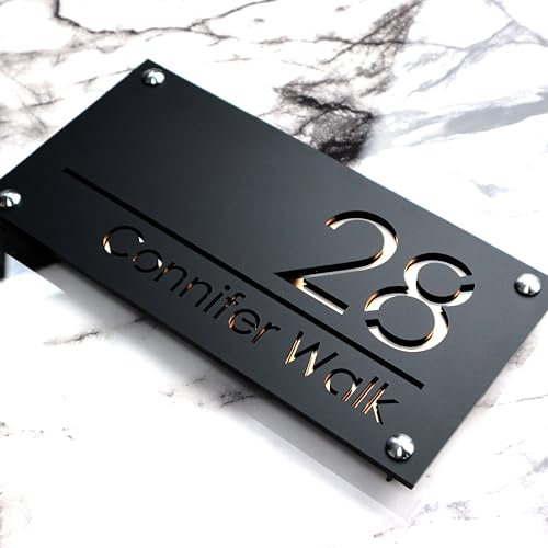 K SMART SIGN | LUXE H1 | House sign door number laser personalised address wall plaques numbers Signs (Matt Black & Copper Mirror)