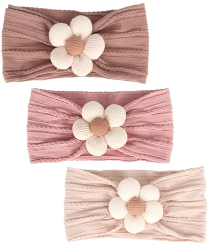 MIUXUESO 3 st babyblommor pannband baby flickor nylonpannband mjuka hårband hårtillbehör för nyfödda spädbarn småbarn barn (beige rosa kaki)