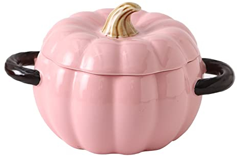 YLWX Keramischer Holländischer Ofen-Suppentopf Mit Deckel, Kreative Kürbis-Doppelohr-Cocotte-Nudel-Suppenschüssel, Schönes Großes Suppenbecken For Zu Hause, Fusilli-Schüssel(Color:Pink)