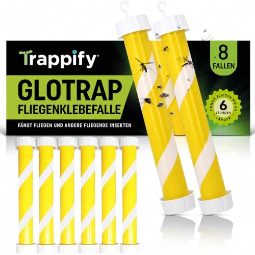 Trappify Fliegenfalle im Dunkeln leuchtende Fliegenfalle, 8 Stück | Doppelseitige Klebefalle, Im Dunkeln leuchtend, Ohne Spray Oder Strom, Zum Aufhängen Oder Aufstellen, Für Küche & Terrasse