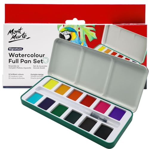 Mont Marte Aquarellfarben Set Signature 13pc, lebendige, mehrfarbige Farben mit transluzenter Oberfläche, Mischbrunnen und nachfüllbarer Rundpinsel