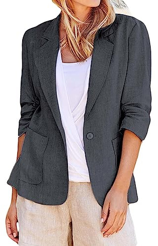 Sommerjacke Damen Leicht Lang Leinen: Blazer Damen Lang Tailliert Leinen-Blazer Sommer Übergangsjacke Sommerjacke Elegant Anzugjacke Regular Fit Blazerjacken Knöpfe Sakko//Hemdjacke/Leinen-Jacke