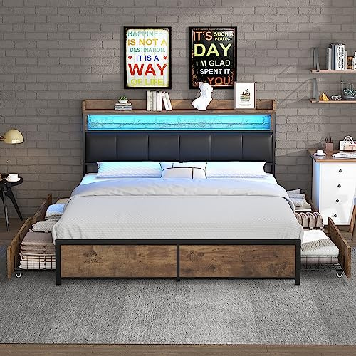 Zravenna Metallbett 140x200 cm, Massivholzbett mit Metall Bettgestell & Lattenrost, Bett mit 4 Schubladen, Polster Kopfteil mit Regal, Tragfähigkeit 300 kg für Erwachsene & Jugendliche