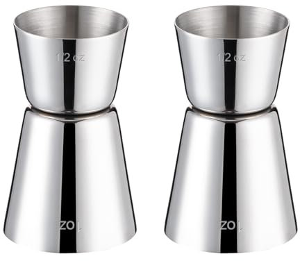 Jigger per Bartending, BRIOUT Doppio Jigger da cocktail giapponese Premium 304 in acciaio inox per uso alimentare, 28,3 g 1/2 oz con misure all'interno, argento, 2 pezzi