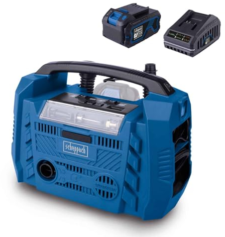 Scheppach Akku-Kompressor Airforce 6 20V Hybrid Kompressor | Luftleistung 21 L/min | Hochdruckschlauch 75cm | 3 Antriebsarten | USB-A & USB-C Anschluss | 20V-IXES-Serie | mit 4Ah Akku & 2,4A Ladegerät