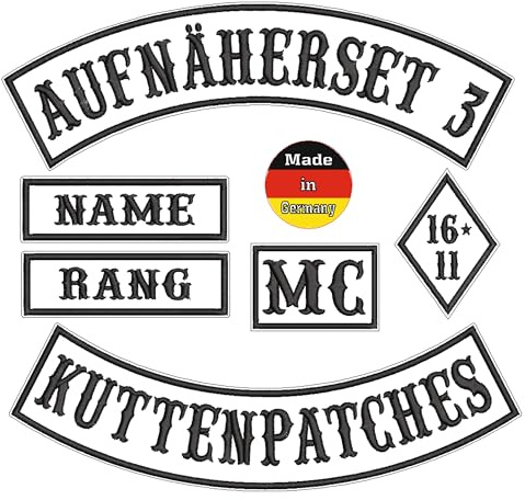 Aufnäherset 6-teilig +1, Bikerpatches, Wunschtext, selbst gestalten, für deine Motorradkutte, 6 Stück zum selbst gestalten und einer mit Made in Germany, personalisiert (mehrfarbig, 25)