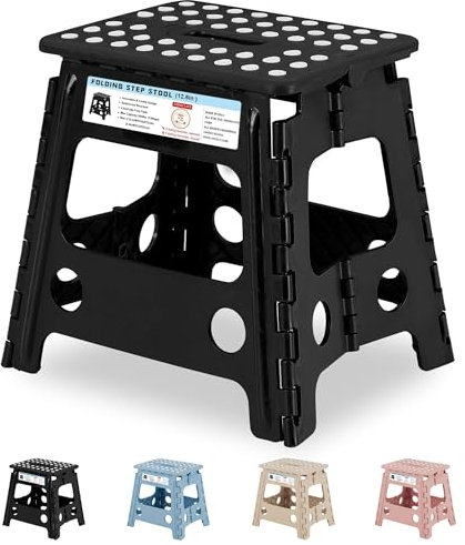 VECELO Folding Step Stool 32cm, Non-Slip Surface Portabl Foldable with Carry Handle, Heavy Duty to Support Kids/Toddler/Adults for Living Room Kitchen, Bathroom, Black