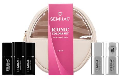 Semilac Iconic Colors Set con bolsa de belleza – Set de esmalte de uñas UV – 4 colores + Jelly Cherry – Juego de esmalte de gel para manicura en casa