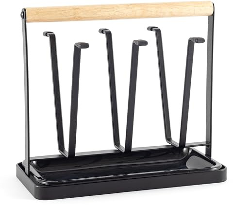 Hanseküche Abtropfgestell Schwarz Matt – Hochwertige Abtropfschale für Geschirr mit Griffen aus Holz – Geschirrständer aus Edelstahl für die Spüle, Abtropfgitter (Flaschenhalter Holz)