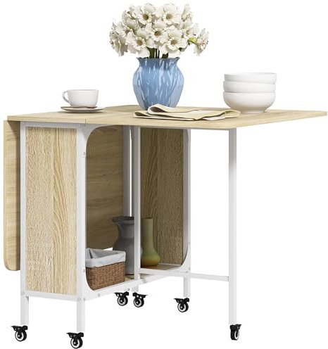 HOMCOM Tavolo da Pranzo Pieghevole, Tavolo a Ribalta per 4-6 Persone, Tavolo da Cucina Salvaspazio Moderno con Ripiano e 6 Ruote, in Metallo, 130x80x74 cm, Color Legno