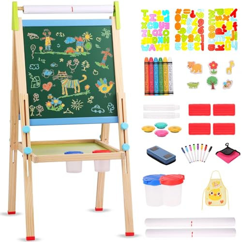 Caballete de Madera para niños con Rollo de Papel,Pizarra Magnética Ajustable de Doble Cara,Pizarra Blanca y Pizarra Seca,Caballete de Arte para niños de 3 a 12 Años,Niños y Niñas,Pintura y Dibujo