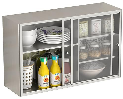 Moderno armario de pared de metal con 2 estantes ajustables, estante de almacenamiento de acero para baño o garaje (plata, 60 x 50 x 30 cm)