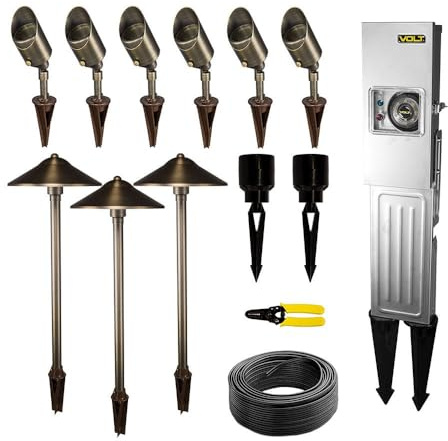 VOLT 12V Brass (Bronze) 6 Spotlight 3 Path Light LED Landscape Lighting Starter Kit with 150W Low Voltage Transformer