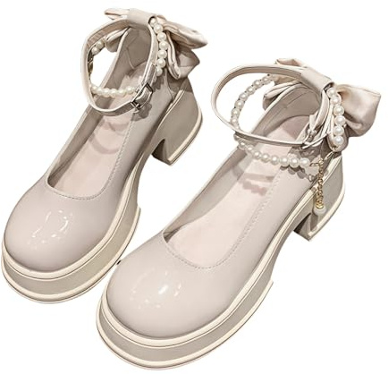 Ulalaza Femmes Lolita Chaussures Talon Mary Jane Pompes en Dentelle avec Noeud Kawaii Mignon Cosplay Bottes compensées Sangle croisée Bloc Talon Style Doux