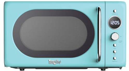 Total Chef Microwave Oven 20L 700W Retro Mini Ovens Digital LED Display 8 Preset Modes 60 Min Timer 5 Cooking Power Levels Removable Glass Turntable Countertop Freestanding Small Microwaves Blue