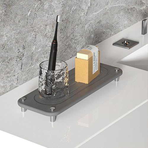 Volminex Kieselgur Badezimmer Tablett, Deko Tablett Super Saugfähige, Badezimmertablett rutschfest, Schminktisch Ablageschale Klein für Schlafzimmer, Badezimmer, Küchenspüle (Dunkelgrau, 28 x 11 cm)