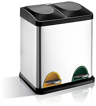 HEEKSE Poubelle Double Compartiments, 2 x 15 L, Pédales en Métal Fermeture en Douceur, 2 Seaux Intérieurs en Plastique avec Poignées (30 L)