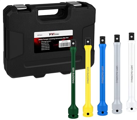 YIYITOOLS 5Pcs 1/2 Drive Torque Limiting Extension Bar Set, 8 Long Torque Sticks (65-140 Ft-lbs), Impact Socket Extensions with Storage Case, Color-Coded, for Lug Nuts, Tire Repair