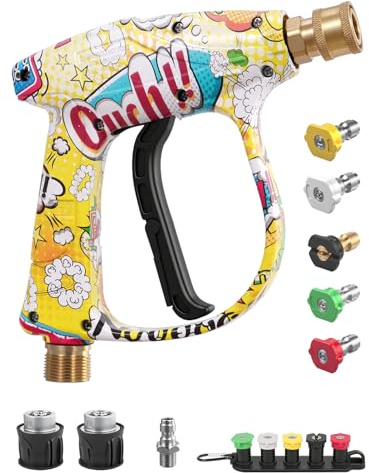 Short High Pressure Washer Gun,4350 PSI Jet Wash Gun with 5 Nozzles & 2 Hose Connectors,M22-12mm/M22-10mm Water Inlet,1/4'' Connect Outlet,Compatible with Karcher K-Series for Car Washing, Cleaning