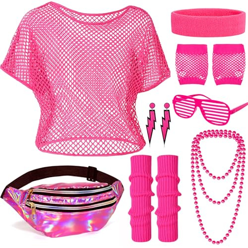 Bryndo 80er 90er Jahre Outfit Damen Set, 80er Jahre Kleidung Damen Netzoberteil Tops, Mit Bauchtasche, Beinwärmer, Stirnband, Halskette, Netzhandschuhe für Mottoparty, Karneval,Fasching