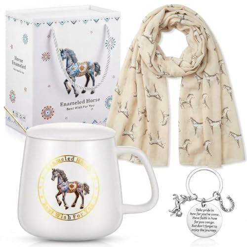EBOOT 4er Set Pferde Geschenkset für Frauen, Einschließlich Keramik Tasse mit Deckel und Löffel Schal Schlüsselanhänger mit Box und Geschenkkarte Geschenk Pferdebesitzer Pferdegeburtstag (Pferd)
