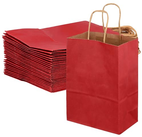 KEILEOHO 50 Stück Papiertüten Rot, 15 x 8 x 21cm Kraftpapiertüten mit Henkel, Papier Tüten Geschenktüten für Hochzeit, Geburtstag, Party, Geschenke