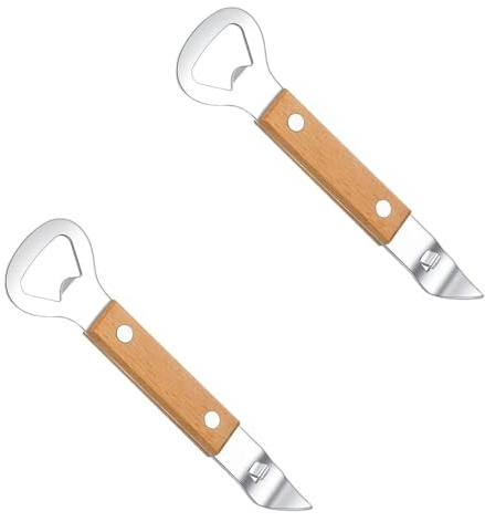 Paquete de 2 abrelatas manual, duradero 2 en 1, abridor de latas de doble extremo, montado en la pared, acero al carbono galvanizado, tapper de botellas pequeñas con mango de madera para acampar y