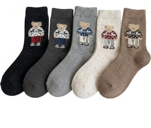 Calcetines de Osito de Peluche, Calcetines de Osito de Peluche para Mujer, 5 Pares, cálidos y Suaves, de Tubo Medio, Kawaii para Invierno