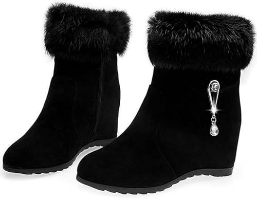 Botines de nieve de cuña oculta para mujer, de ante sintético, elegantes botas de tacón de cuña sin cordones, con forro grueso y cremallera lateral, Black, 38 EU