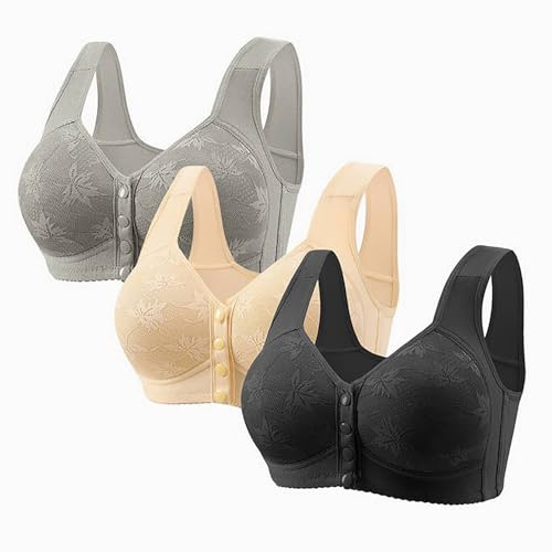 luoluoluo 3pcs Everyday Bras Womens UK, Ladies Embroidery Bra Front Button Wireless Bras Front Fastening Bra, Soft V Neck Brassiere Breathable Push Up Bralette Yoga Jogging Sports Underwear