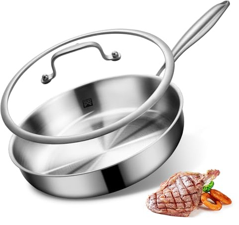 GOLDEN KEY Stainless Steel Frying Pan 28 cm, Stainless Steel Pan with lid, 3-Layer Induction Frying Pan with Ergonomic Handle, Skillet pan Uncoated Oven Safe Suitable for All Hobs (28CM+LID)