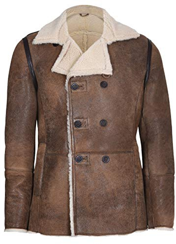 Infinity Leather Bräunen Deutscher Zweireiher aus Echtem Schaffell Lammfell Lederjacke Mantel