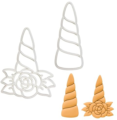 BAKERLOGY Set of 2 Unicorn Horn Cookie Cutters (Designs: Horn and Floral Horn) - Detailed Biscuit Cutter Design for Baking and Crafts, Ideal on Fondant, Dough, Clay