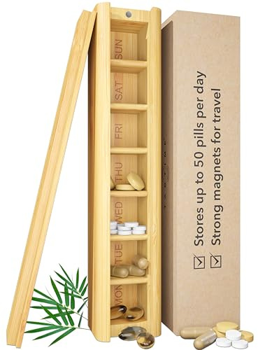 TabTime Bamboo Weekly Pill Box, 7 Day Pill Organiser, Perfect for Vitamins, Pills and Supplements