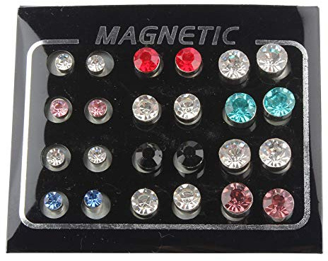 POFET 12 Pairs Colors Shiny Rhinestones Magnetic Clip Non Piercing Earrings Set Unisex