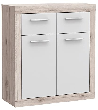 Newroom Kommode Sandeiche Weiß mit Schubladen und Türen Wohnzimmer | zweifarbige Optik mit Bügelgriff, Sideboard, Highboard, Komodenschrank, modernes Design für Flur und Schlafzimmer