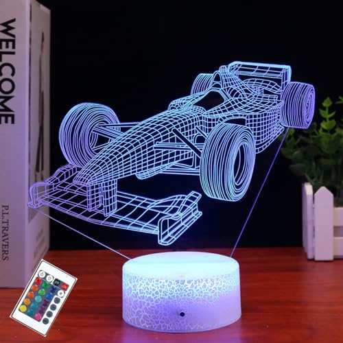 PONLCY 3D Illusion Lamp Racing Car Led Night Light, 16 Colors Changing USB Desk Lamps with Remote Control, Bedroom Decoration Table Lights for Kids Birthday Gifts