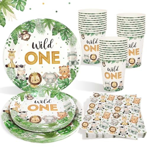 Wild One Geburtstag Deko Partygeschirr Set für 25 Gäste, Junge 1 Jahr Safari Dschungel Party wiederverwendbare Pappteller Becher Servietten für 1. Geburtstag Junge Mädchen