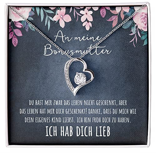 An meine Bonus Mutter Herz Halskette mit personalisierter Nachricht - Kette für die Stiefmutter zum Geburtstag, Muttertag, Frauentag oder Weihnachten (Standard Box - 14K Weißgold)