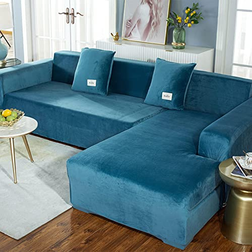 LJQAIZYL House de Canapé D Angle en Velours Housse de Canapé en Forme de U/L Extensible avec Accoudoirs Revêtement de Canapé 1 2 3 4 Places Couverture de Canape Protection Canapé,Blue-3seats+4seats