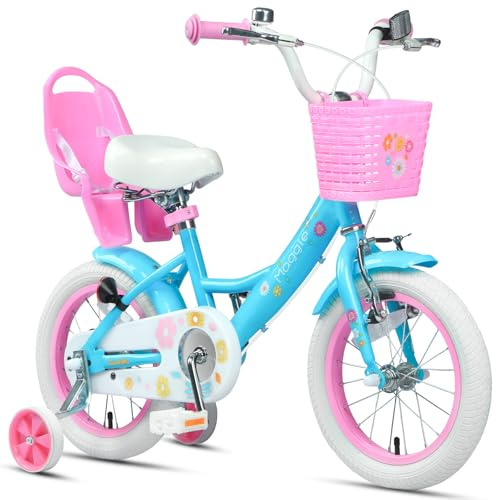 Glerc Maggie 14 Zoll Kinderfahrrad Alter 2 3 4 5 6 7 Jahre alt Mädchen Fahrrad Prinzessin Stil mit Puppen-Sitz & Korb & Stützräder & Glocke für Geburtstag, Blau