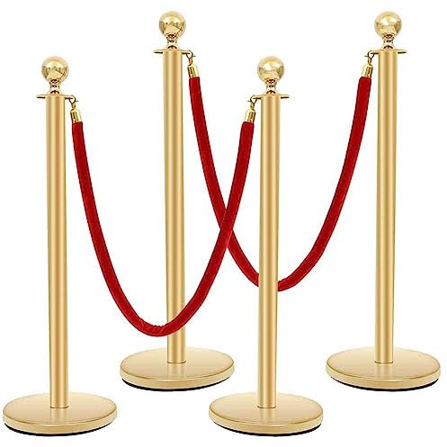 Standrohr Crowd Control Barriers, Goldene Runge Mit 5 Ft Red Velvet Rope Line Dividers Für Kinoeröffnungen, Hotels, Teppiche, Partys Einfacher Zusammenbau (Farbe : Gold, Größe : 4PCS)