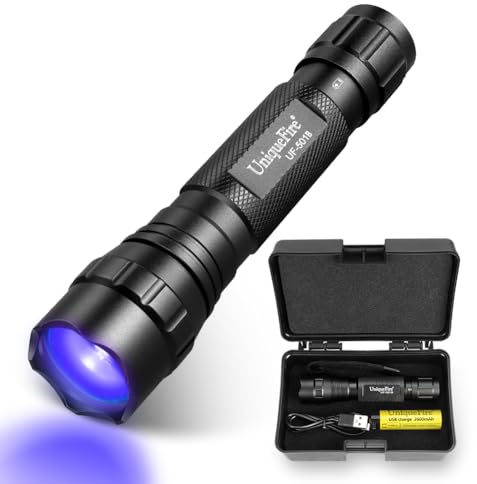 UniqueFire 501B UV-Taschenlampe, 395 nm, wiederaufladbar, Schwarzlicht, tragbares Schwarzlicht für Harzaushärtung, Haustierurin-Erkennung, Falschgeld, Jade, fluoreszierendes Mittel, mit Batterien und
