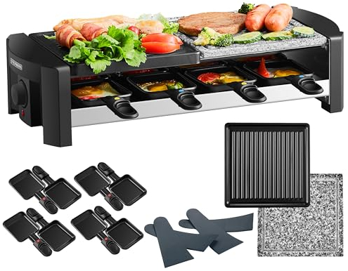 Dispositivo Raclette per 8 persone, griglia per feste con piastra in pietra naturale e rivestita, griglia elettrica da tavolo, 1300 Watt, elemento riscaldante in acciaio inox