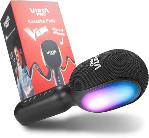 Vieta Pro Micrófono Inalámbrico Bluetooth con Altavoz Karaoke True Wireless. Micrófono Karaoke Infantil, 10H de Batería, Transmisor FM, Efectos de Luz y Sonido. | Micro Karaoke Party La Voz Negro