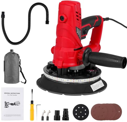 Geevorks Trockenbauschleifer mit Absaugung, 850W Elektro Deckenschleifer, 6 Drehzahlen Einstellbar 1500-2600RPM mit 12 Stück 180mm Schleifscheibn, 360° LED-Licht, 1.5M Staubschlauch und Staubsack