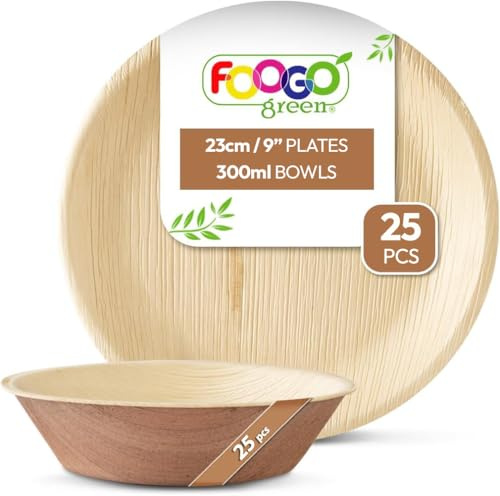 FOOGO Green 50pcs Palm Leaf Plates and Bowls, Round | 25x Large Round Plates, 25x Bowls, Bamboo, Eco Friendly Biodegradable, Strong Paper Plates, Picnic Camping
