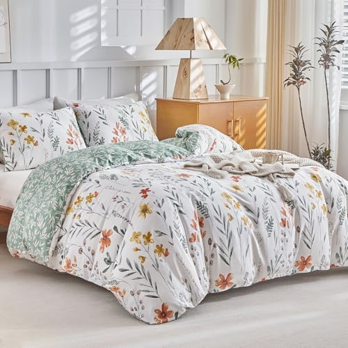 Tokokimo Bettwäsche 200x200 Baumwolle - Bettwäsche-Sets 3 Teilig mit Reißverschluss - Grün Weiß Blumen und Blätter Muster - Bettbezug 200X200 cm mit 2 Reißverschluss-Kissenbezug 80x80 cm