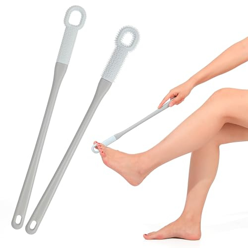 2 Stück Silikon Fußwaschbürste, Zehenwascher für die Dusche, Fußbürste mit Bürstenköpfe in Zwei Größen, Zehenreiniger mit Langem Stiel, Fußdusche bürste fur Senioren(Grau 2.0)